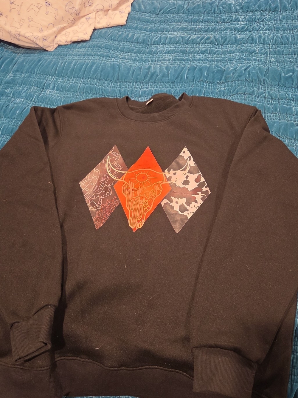 Black Graphic Crewneck Sweatshirt with Orange and Gray Diamond Prints